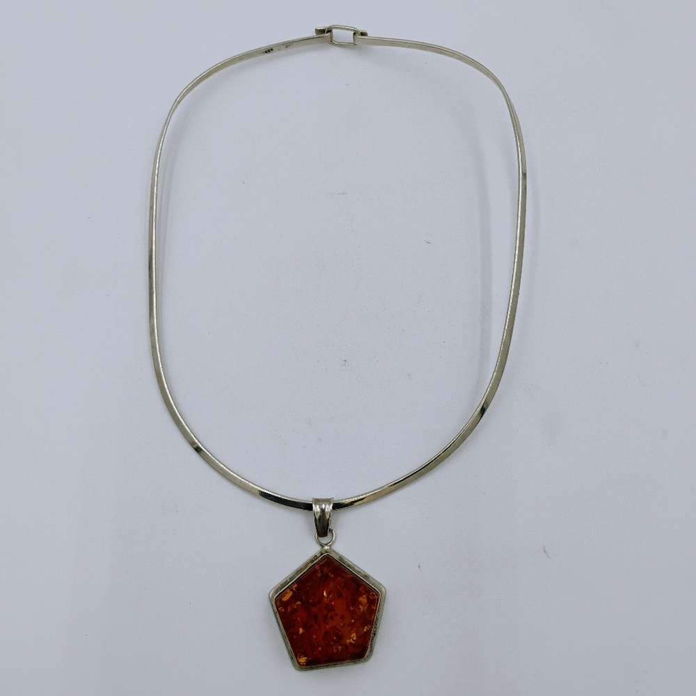 Sterling Silver 925 Thick Chain With 925 Amber Pendant